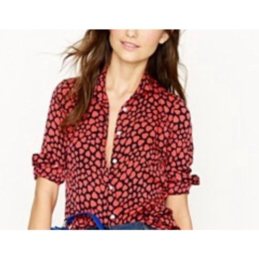 J. Crew Blouse Size 0 Silk Black Pink Button Front Pink Heart Print - Picture 1 of 9